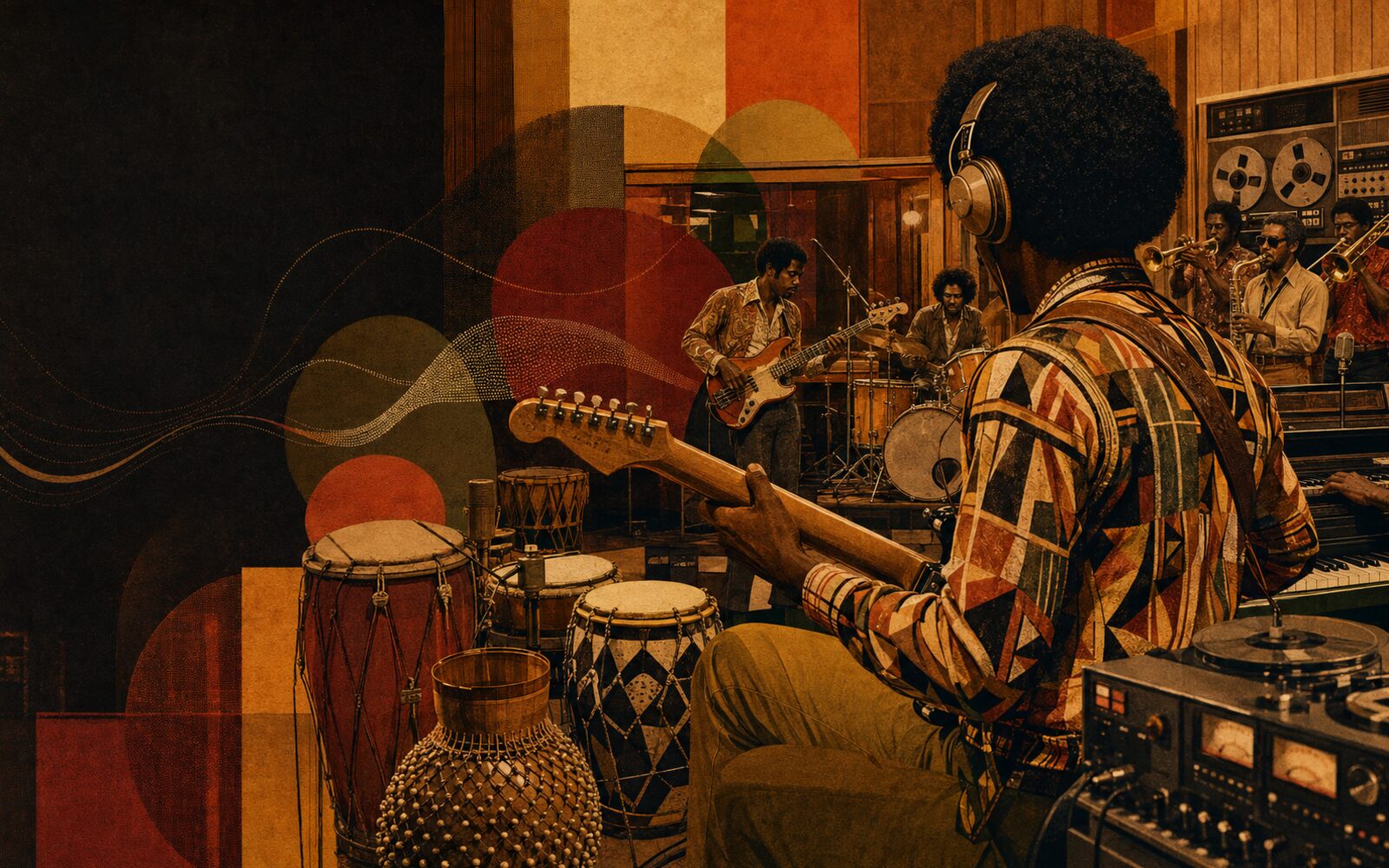 Ilustração editorial de músicos em um estúdio brasileiro dos anos 1970, com guitarra elétrica, baixo, bateria, metais e instrumentos de percussão