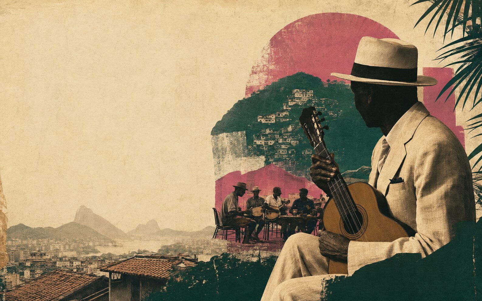 Ilustração editorial de um sambista com violão, a Mangueira e o Rio de Janeiro ao fundo