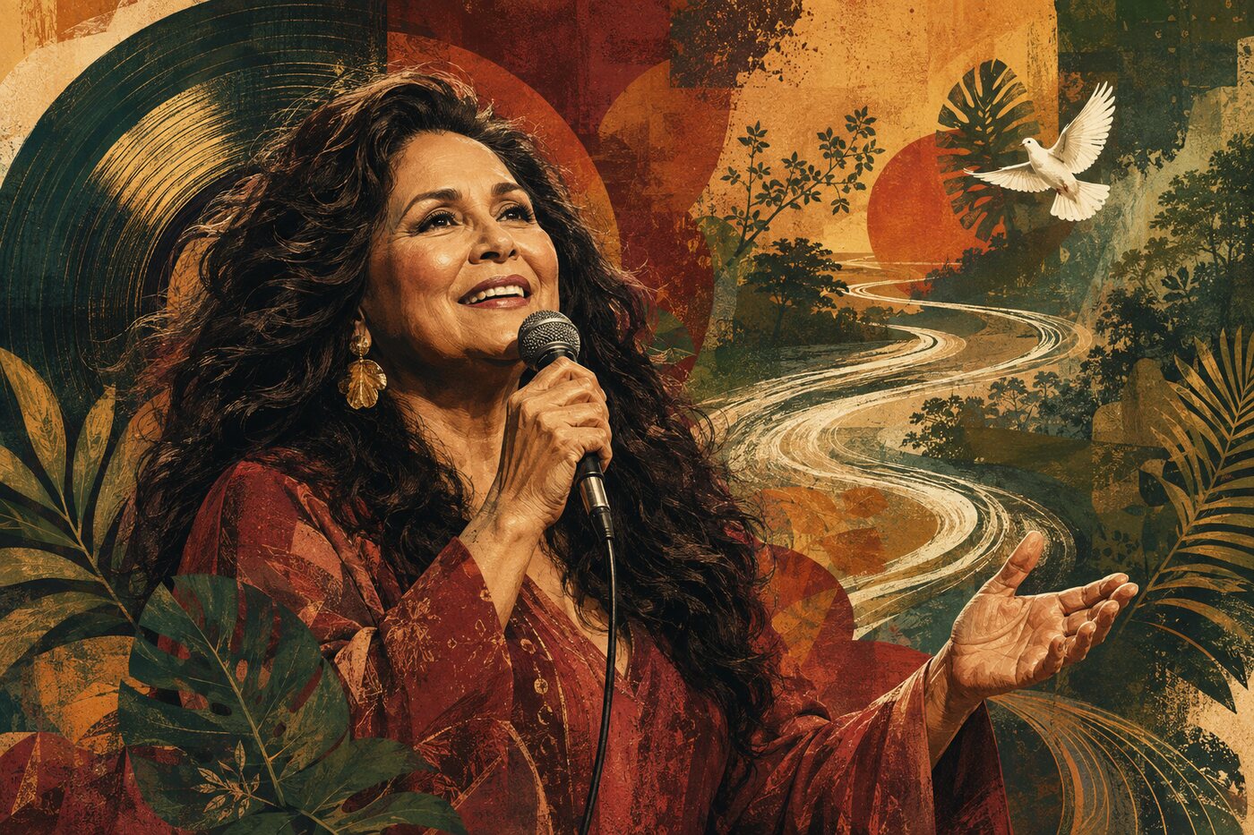 Ilustração editorial de Fafá de Belém cantando, cercada por disco, rio amazônico, folhagens e uma pomba branca