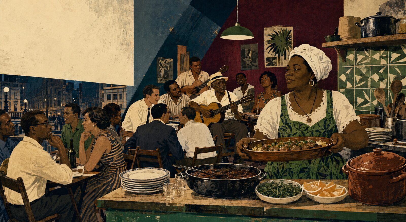 Ilustração de Dona Zica servindo comida enquanto músicos e frequentadores participam de uma roda de samba no Zicartola